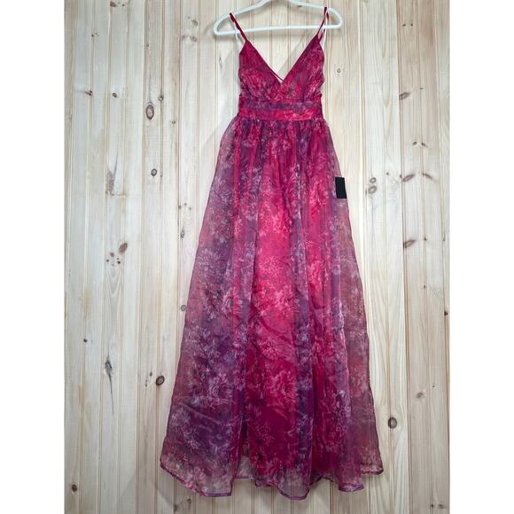 NWT Lulus Romance That Wows Magenta Floral Print Organza Maxi Dress Prom Sz XS - Picture 2 of 9